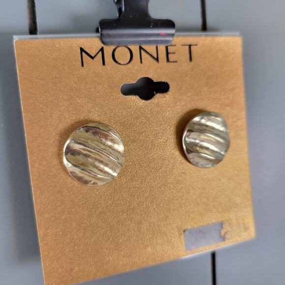 Monet Gold Tone Textured Round Pierced Earrings Vintage Style Jewelry, Gift Bag - Picture 9 of 10